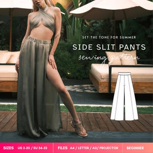 Patrón de costura para pantalones palazzo ASSYE, tallas 34-52 EU, en formato PDF (A4, Carta y A0) para impresión y proyector.