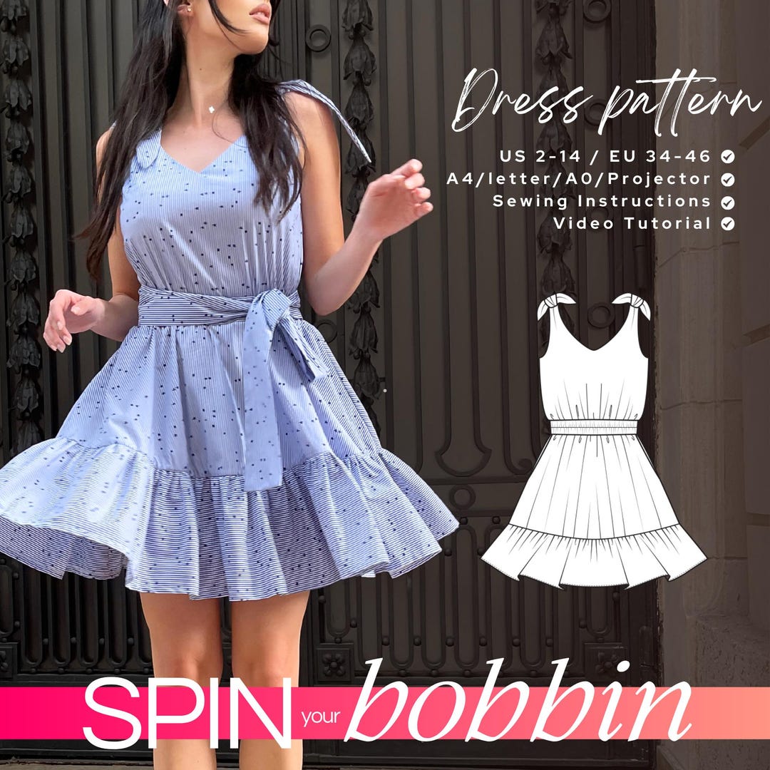 Riley DIY Tie Shoulder V Neck Jumper Dress Pattern, Circle Skirt