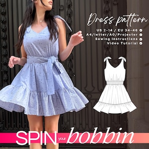 Riley DIY tie shoulder & v neck jumper dress pattern, circle skirt dress, knot shoulder summer dress, swing dress digital PDF sewing pattern