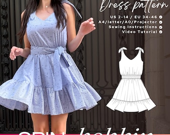 Patrón de vestido con cuello en V y hombros anudados DIY de Riley, vestido con falda circular, vestido de verano con hombros anudados, patrón de costura digital en PDF para vestido con vuelo