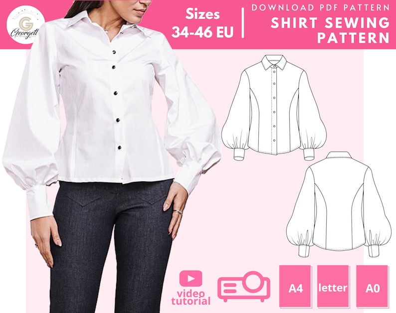 ABBY Button up Fitted Shirt With Bishop Sleeve Sewing Pattern - Etsy