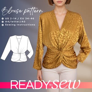 CRINA DIY Twist front draped blouse digital PDF sewing pattern, Knotted front top pattern, elegant wrap blouse sewing pattern