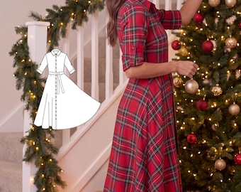 May include: A red, green, and white plaid shirt dress with a collar, button-down front, and three-quarter length sleeves with tabs. The dress features a waist tie and a flared skirt. A technical line drawing of the dress is overlaid on the left.