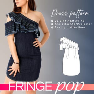 Kasya DIY denim mini bodycon dress digital PDF sewing pattern, one shoulder tight stretch dress pattern, sculpting hourglass snug dress