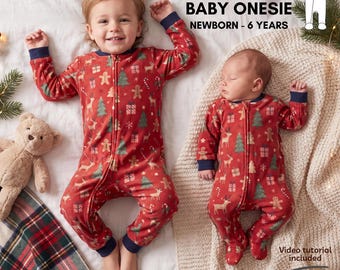May include: Red long-sleeve baby onesies featuring a Christmas pattern of reindeer, gingerbread men, Christmas trees, and gift boxes. The garments have dark blue cuffs at the wrists and ankles, a front zipper closure, and text stating 11 SIZES BABY ONESIE NEWBORN - 6 YEARS.