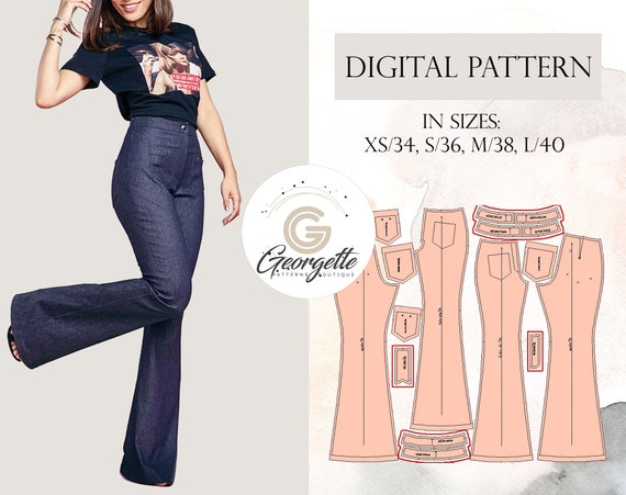 Alesia High-Rise Flare Jeans Pants with Pockets Pattern 34 36