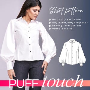 ABBY Button Up Fitted Shirt with Bishop Sleeve sewing Pattern  34 - 54 EU, PDF A4, Letter and A0 for printing and Projector