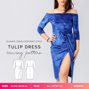 May include: A royal blue off-the-shoulder velvet dress with three-quarter sleeves and a tulip-style skirt featuring a front slit. The image includes text reading ELEVATE YOUR EVERYDAY STYLE TULIP DRESS sewing pattern, along with technical line drawings.