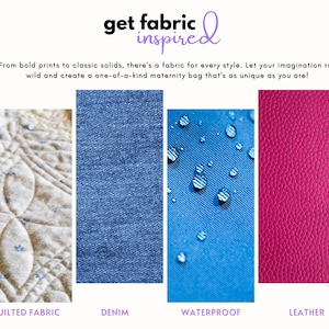 May include: A display featuring four fabric swatches labelled get fabric inspired. The swatches include a beige quilted fabric with blue floral accents, a blue denim texture, a blue waterproof material with water droplets, and a textured pink leather.