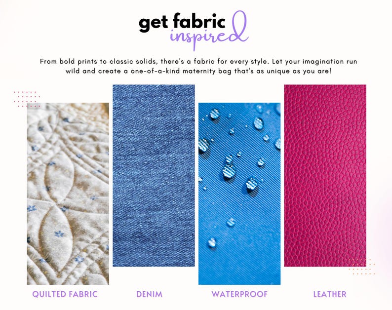 May include: A display featuring four fabric swatches labelled get fabric inspired. The swatches include a beige quilted fabric with blue floral accents, a blue denim texture, a blue waterproof material with water droplets, and a textured pink leather.