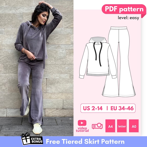 Bailey diy loungewear set pattern, high waist flare sweatpants and trendy oversized hoodie pdf sewing pattern, two piece sweatsuit co-ord