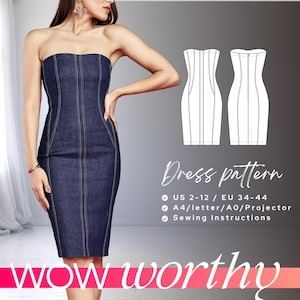 ANIKO bodycon dress sewing pattern, strapless dress pattern, diy pencil dress, off the shoulder dress