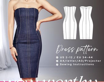 Patrón de costura de vestido ajustado ANIKO, patrón de vestido sin tirantes, vestido tubo de bricolaje, vestido con hombros descubiertos