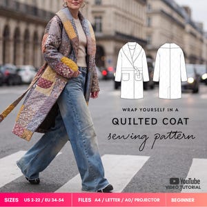 Puede incluir: Un patrón de costura para abrigo acolchado con diseño de patchwork de motivos florales y geométricos en tonos amarillo mostaza, marrón y gris. El texto dice: WRAP YOURSELF IN A QUILTED COAT sewing pattern. Incluye tallas EU 34-54.