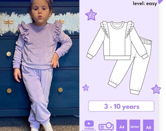 LILY Girls Sweatsuit Sewing Patterns, Toddler Tracksuit Set, Toddler Sweatshirt and Sweatpant 3 - 10 Years Pdf A4 Letter, A0 and Projector