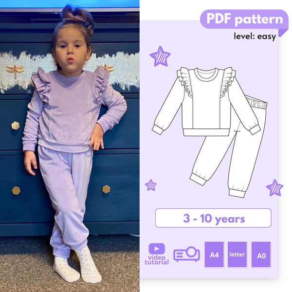 LILY Girls Sweatsuit Sewing Patterns, Toddler Tracksuit Set, Toddler Sweatshirt and Sweatpant 3 - 10 Years Pdf A4 Letter, A0 and Projector