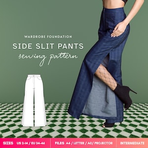 Könnte beinhalten: Ein Schnittmuster für eine Hose mit Seitenschlitz mit der Aufschrift WARDROBE FOUNDATION SIDE SLIT PANTS sewing pattern. Das Bild zeigt eine technische Strichzeichnung einer hoch taillierten Hose mit weitem Bein und ein Foto einer dunkelblauen Jeanshose.