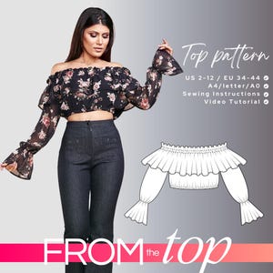 Patrón de costura de blusa corta fruncida con hombros descubiertos y escote con volante JOLIE, tallas 34, 36, 38, 40, 42 y 44 UE, PDF A4, carta y A0