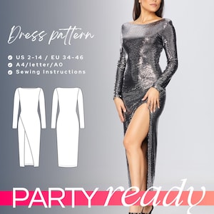 May include: A sewing pattern for a long-sleeved, sequined dress with a high slit. The pattern includes instructions for sizes US 2-14 / EU 34-46 and is available in A4/letter/A0 sizes. The text "PARTY ready" is printed at the bottom of the image.