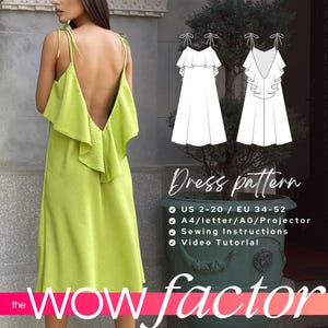 Gia DIY slip dress sewing pattern, frilly summer dress pattern, bridal satin dress, plunge v neck revealing dress digital PDF sewing pattern