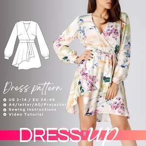 ANCA DIY Wrap Mini Dress Pattern, lightweight flowy cuffed long sleeve dress, airy tie front asymmetrical dress digital PDF sewing pattern