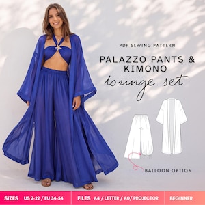 May include: A PDF sewing pattern for a palazzo pants and kimono lounge set. The set includes a blue halter top, wide-leg trousers, and a long kimono. Text includes PDF SEWING PATTERN, PALAZZO PANTS & KIMONO lounge set, BALLOON OPTION, SIZES US 2-22 / EU 34-54, FILES A4 / LETTER / A0 / PROJECTOR, and BEGINNER.