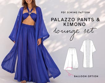 Palazzo Pants & Kimono Duster Sewing Pattern PDF | Wide Leg Lounge Set, Beach Cover Up | Convertible Harem Pants XS-3XL