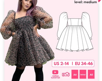 DAPHNE Puff Dress Pattern, Organza Mini Dress Pattern 34-46 EU, A4, Letter and A0 and Projector