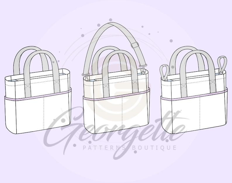 May include: A technical line drawing of three tote bags in white with grey handles and trim. The bags feature a rectangular body, a front pocket with a central seam, and varying strap configurations including top handles and a detachable shoulder strap.