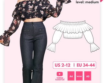 JOLIE Off Shoulder Smocked Cropped Top with Ruffle Neckline Sewing Pattern 34 36 38 40 42 44 EU, PDF A4, letter and A0