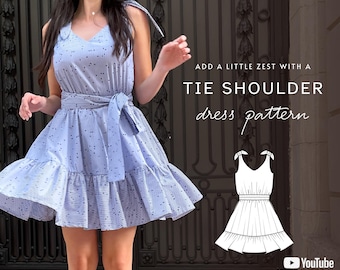 Riley DIY tie shoulder & v neck jumper dress pattern, circle skirt dress, knot shoulder summer dress, swing dress digital PDF sewing pattern