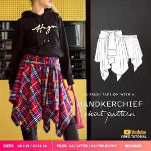May include: A red, blue, and yellow plaid handkerchief skirt with an elastic waistband and a tied front detail. The image includes a black hoodie, a white line drawing of the skirt pattern, and text reading A FRESH TAKE ON WITH A HANDKERCHIEF skirt pattern.