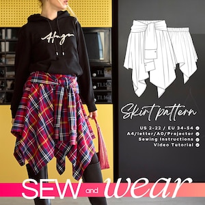 May include: A woman in a black hoodie with white text and a red, blue, and yellow plaid skirt. The image includes a skirt pattern with the text "Skirt pattern" and "SEW and wear".