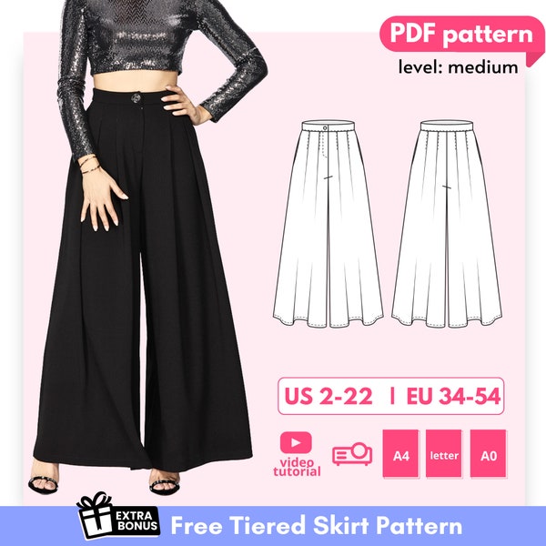 SPACE High Waisted Palazzo Pants Sewing Pattern 34-54 EU, PDF A4, Letter, A0 for printing and Projector files