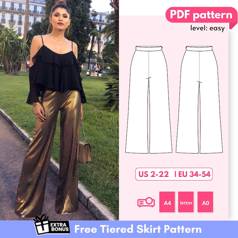 AMIRA Wide Leg Pants Sewing Pattern 34-54 EU, PDF A4 Letter and A0 for printing and Projector image 1