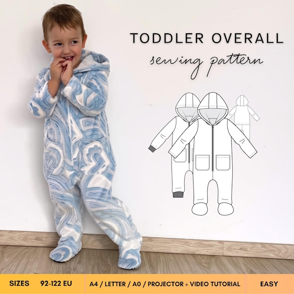 Kids Pajama Sewing Pattern, Hooded Fleece Sleepsuit, Zip Up Footed PDF Pattern, EU 92-122 / US 2-7 Years, Didoo