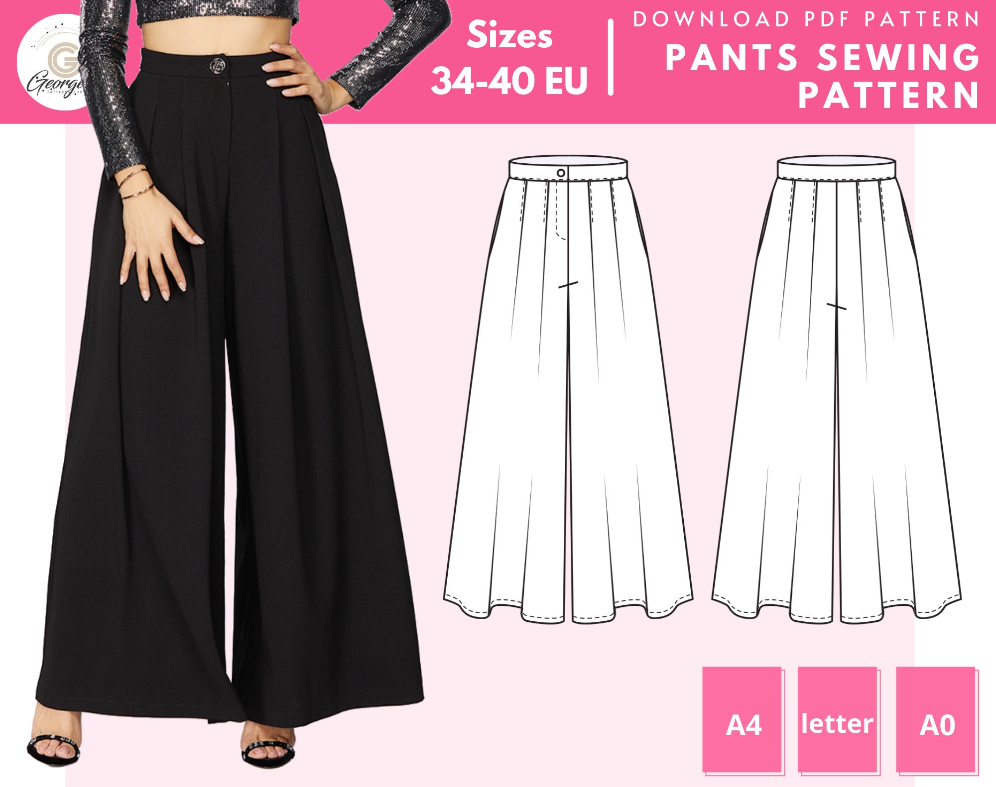 SPACE High Waisted Palazzo Pants Sewing Pattern 34 36 38 40 | Etsy