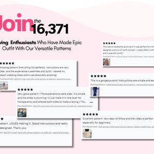 May include: A graphic display featuring the text Join the 16,371 Sewing Enthusiasts Who Have Made Epic Outfit With Our Versatile Patterns. The image includes five customer reviews with five-star ratings, each showing a small thumbnail of a garment.