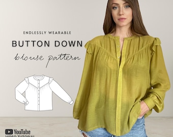 May - Oversize button down shirt pattern, ruffle shirt pdf sewing pattern, long sleeve shirt, PDF A4, Letter and A0 & Projector files