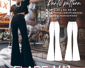 ANELISE Flare High Waist Pants Sewing Pattern, retro trousers, festival wear, boho 70s clothing PDF digital pattern, vintage trumpet slacks