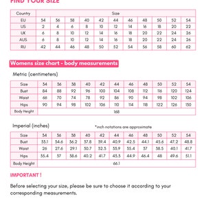 May include: A size chart for clothing featuring tables for international size conversions, body measurements in centimeters, and body measurements in inches. The text includes headers like Find Your Size, Womens size chart, and Important.