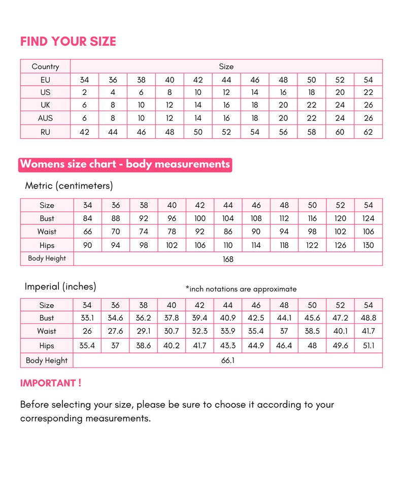 May include: A size chart for clothing featuring tables for international size conversions, body measurements in centimeters, and body measurements in inches. The text includes headers like Find Your Size, Womens size chart, and Important.