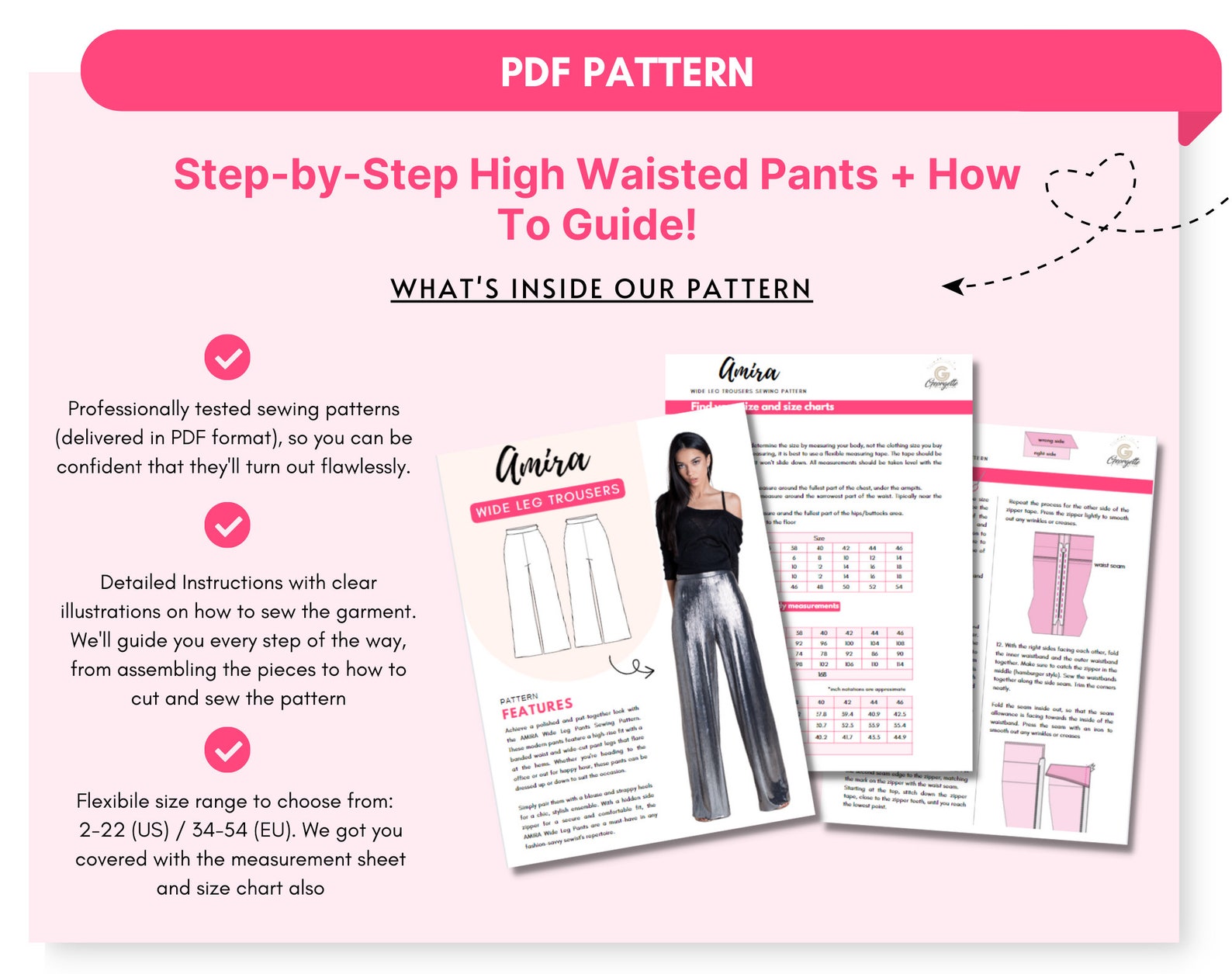AMIRA Wide Leg Pants Sewing Pattern 34-54 EU, PDF A4 Letter and A0 for ...