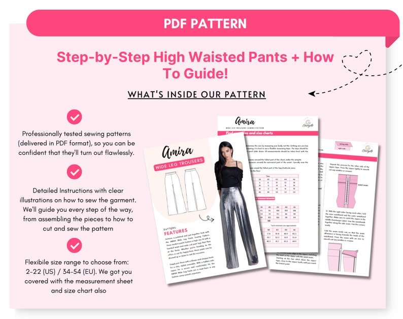 AMIRA Wide Leg Pants Sewing Pattern 34-54 EU, PDF A4 Letter and A0 for printing and Projector image 2