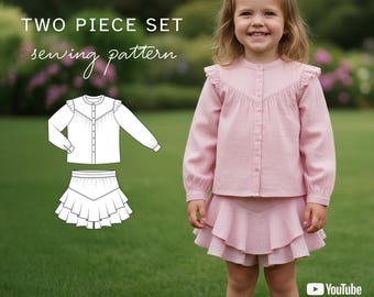 LUNA girls two piece set sewing pattern, girl shorts pattern + shirt pattern for girls, Digital Pdf A4, Letter, A0 and Projector
