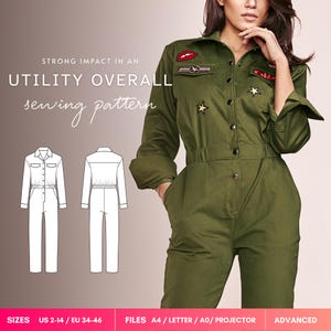 May include: An olive green utility overall with a button-down front, long sleeves, and embroidered patches including stars and lips. The image displays the text STRONG IMPACT IN AN UTILITY OVERALL sewing pattern and technical line drawings.