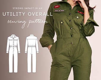 May include: An olive green utility overall with a collared neckline, button-down front, and long sleeves. The garment features embroidered patches including stars and lips. Text reads: STRONG IMPACT IN AN UTILITY OVERALL sewing pattern. Includes technical line drawings.