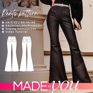 Alesia High-Rise Flare Jeans Pants with Pockets Pattern 34-54 EU - PDF A4, Letter and A0 for printing and Projector