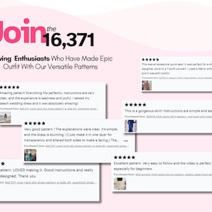 May include: A promotional graphic featuring the text Join the 16,371 Sewing Enthusiasts Who Have Made Epic Outfit With Our Versatile Patterns. The image displays five customer reviews with five-star ratings, each including a small photo of a garment.