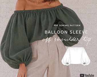 Off-Shoulder Balloon Sleeve Blouse Pattern, Puff Sleeve Peasant Top Sewing Pattern, Bishop & Lantern Sleeve Linen Blouse, US 2-20 / EU 34-52